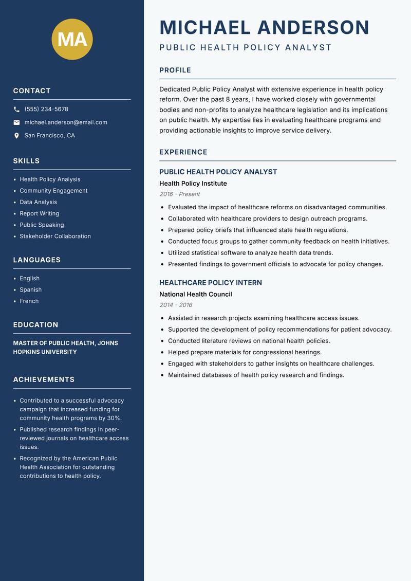 Public Policy Analyst Resume Preview Example
