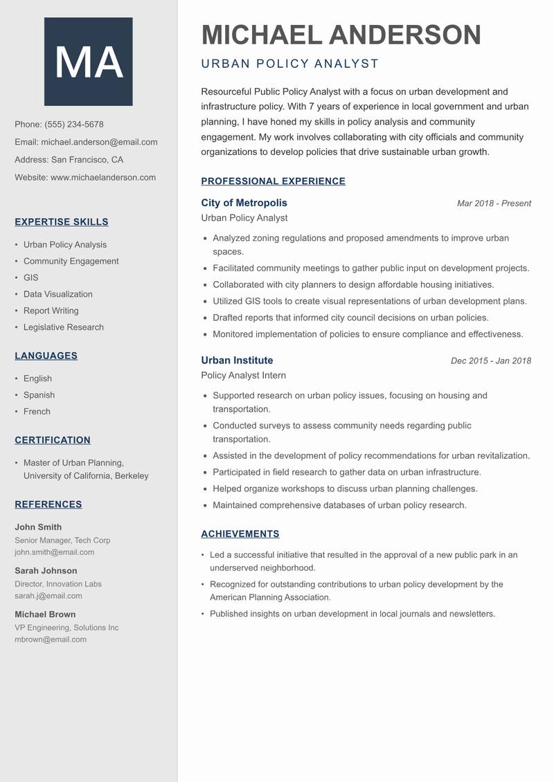 Public Policy Analyst Resume Preview Example