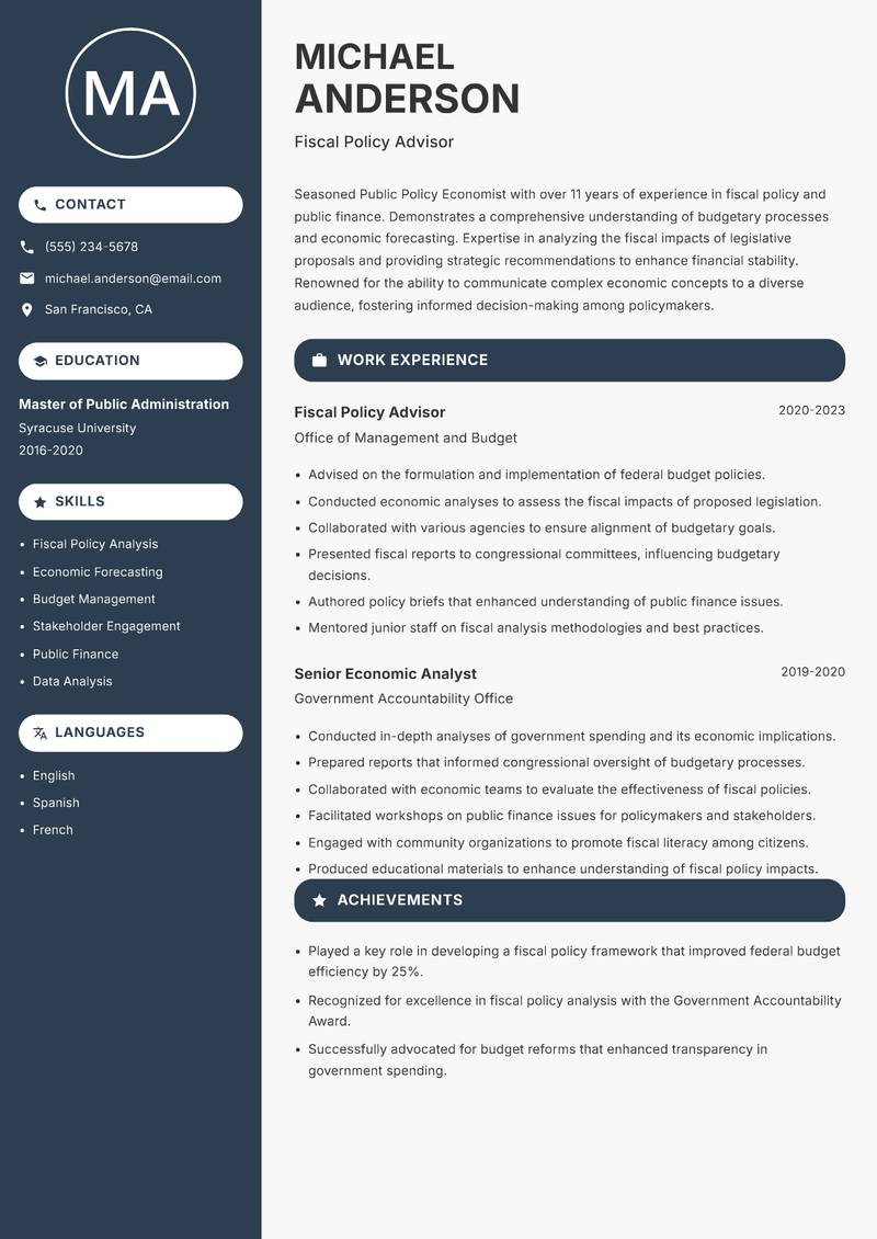 Public Policy Economist Resume Preview Example