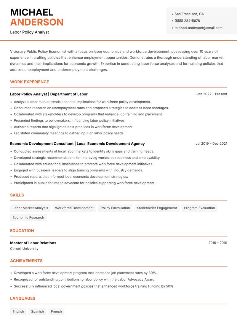 Public Policy Economist Resume Template