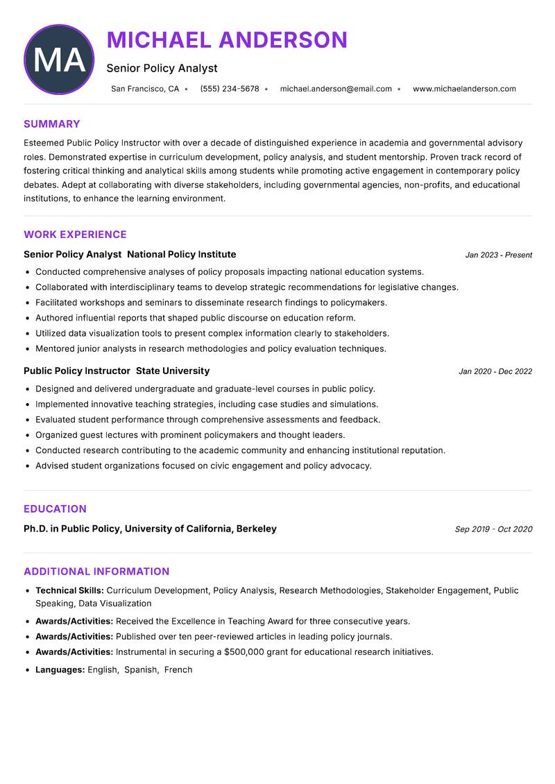 Public Policy Instructor Resume Preview Example