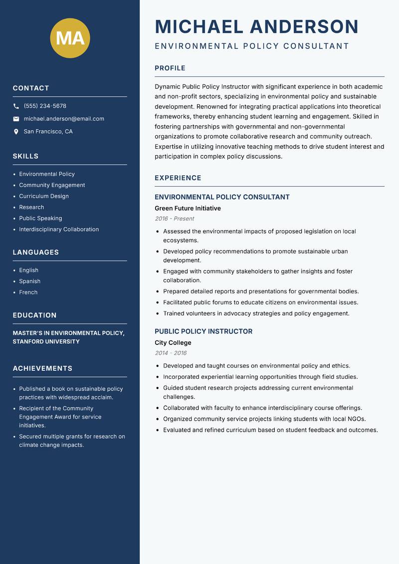 Public Policy Instructor Resume Preview Example