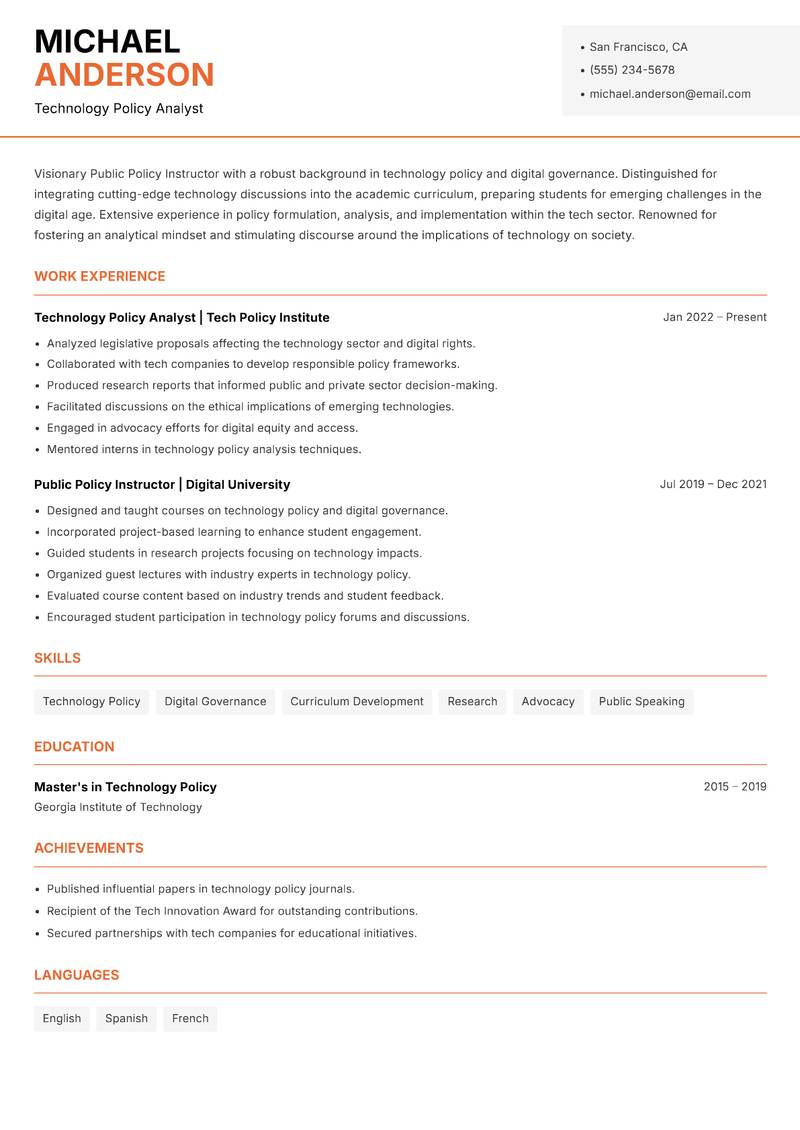 Public Policy Instructor Resume Template
