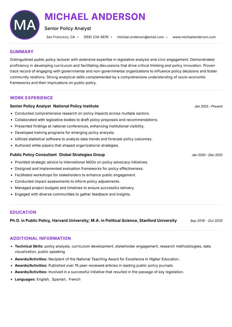 Public Policy Lecturer Resume Preview Example