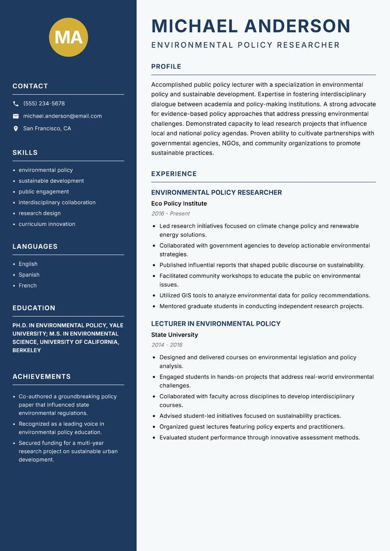 Public Policy Lecturer Resume Preview Example