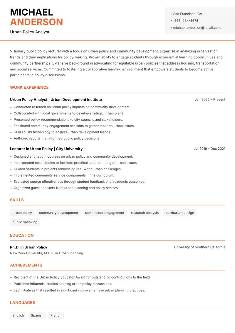 Public Policy Lecturer Resume Template