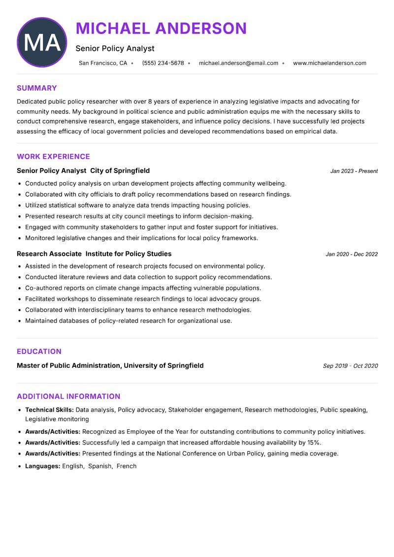 Public Policy Researcher Resume Preview Example