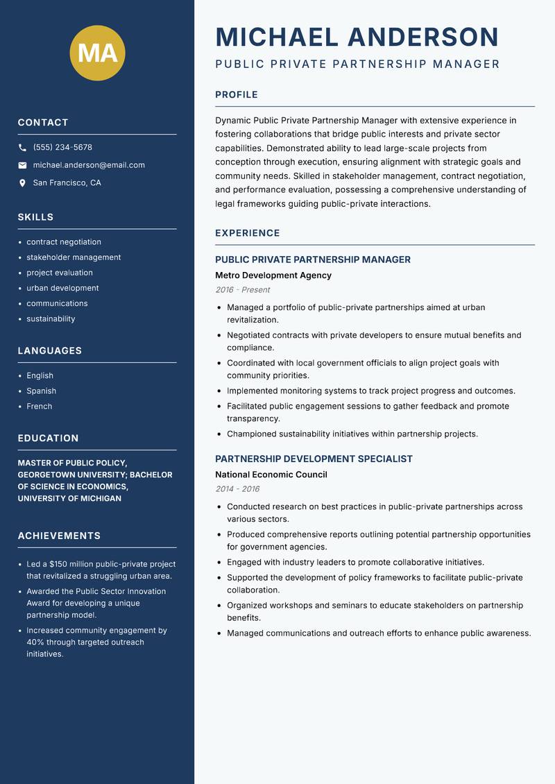 Public Private Partnership Manager Resume Preview Example