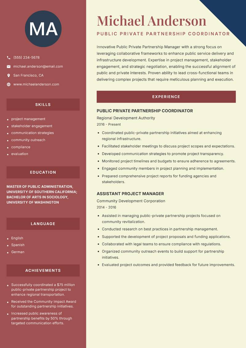 Public Private Partnership Manager Resume Preview Example