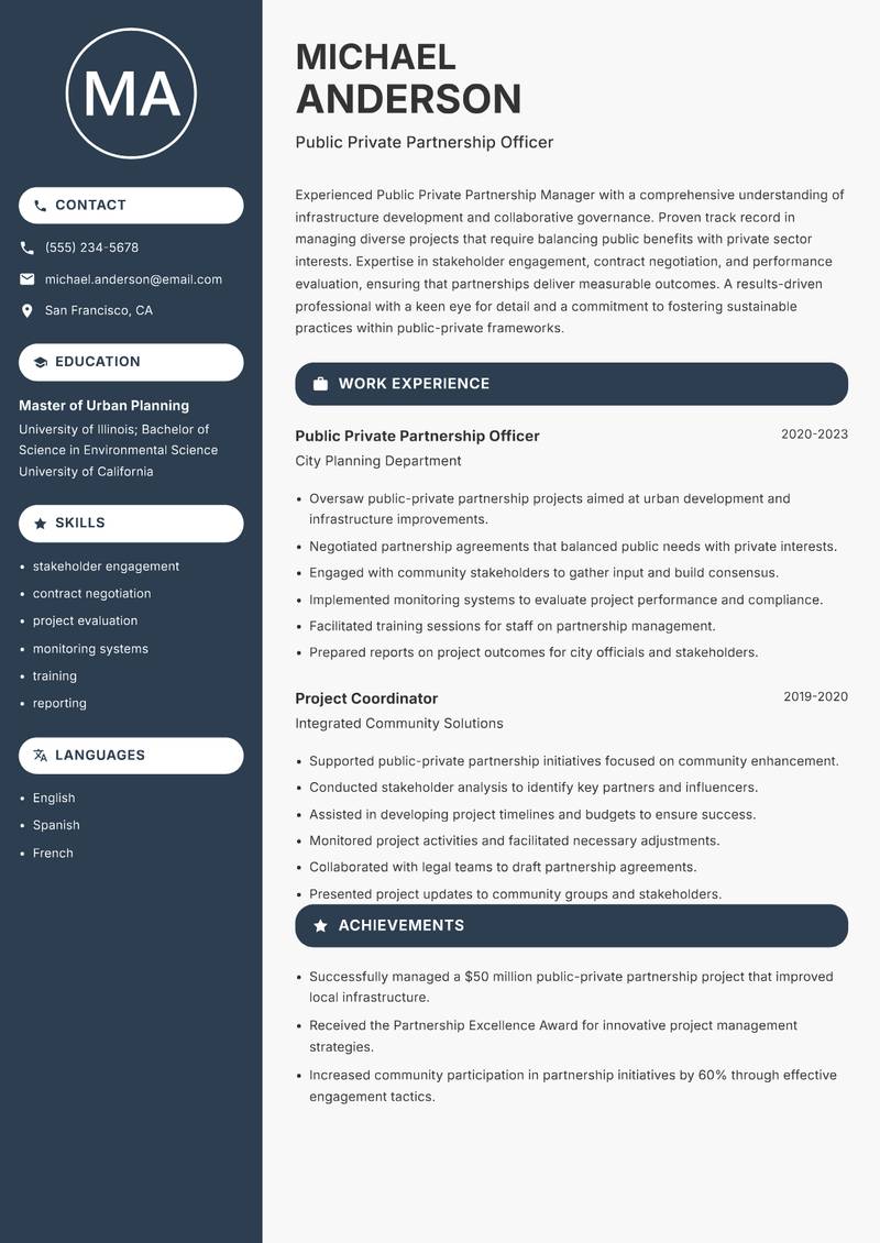 Public Private Partnership Manager Resume Preview Example