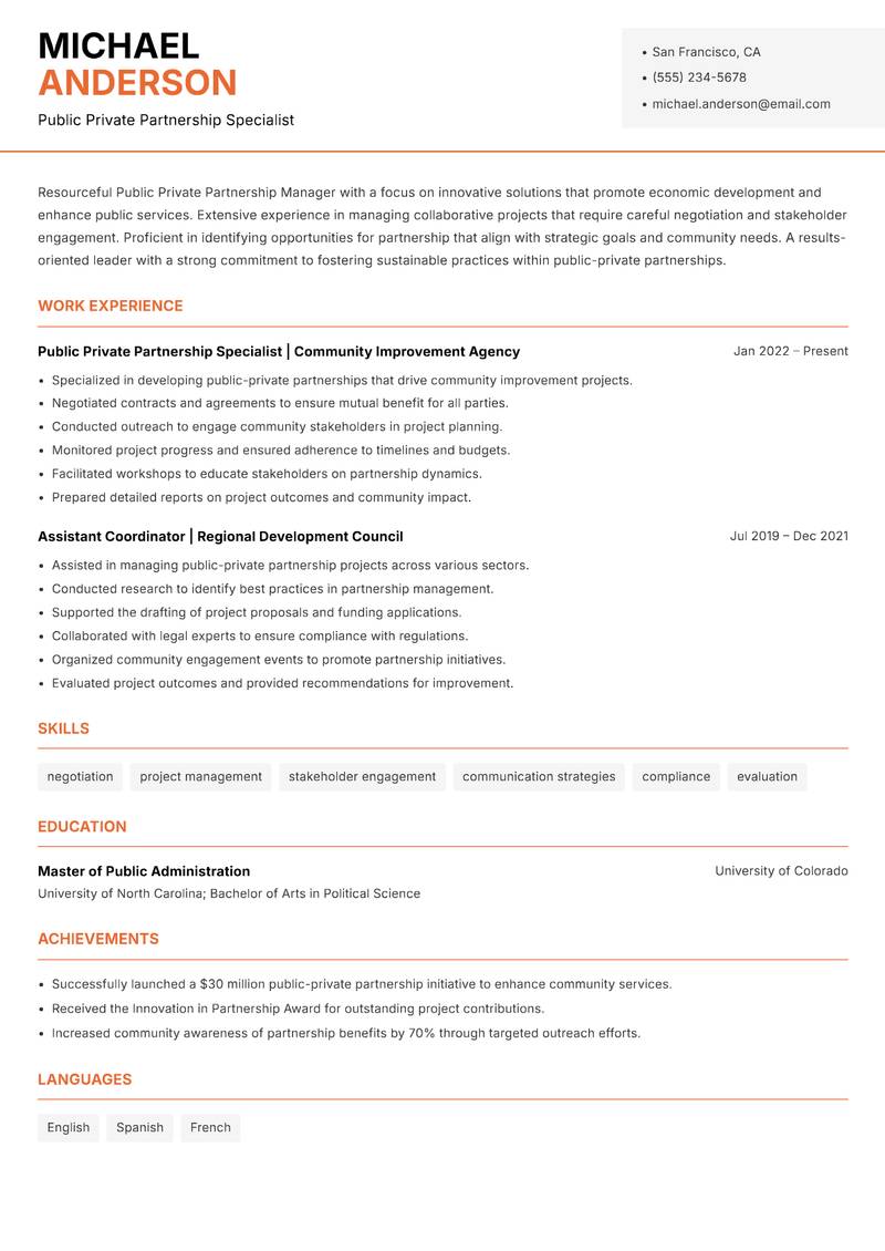 Public Private Partnership Manager Resume Template