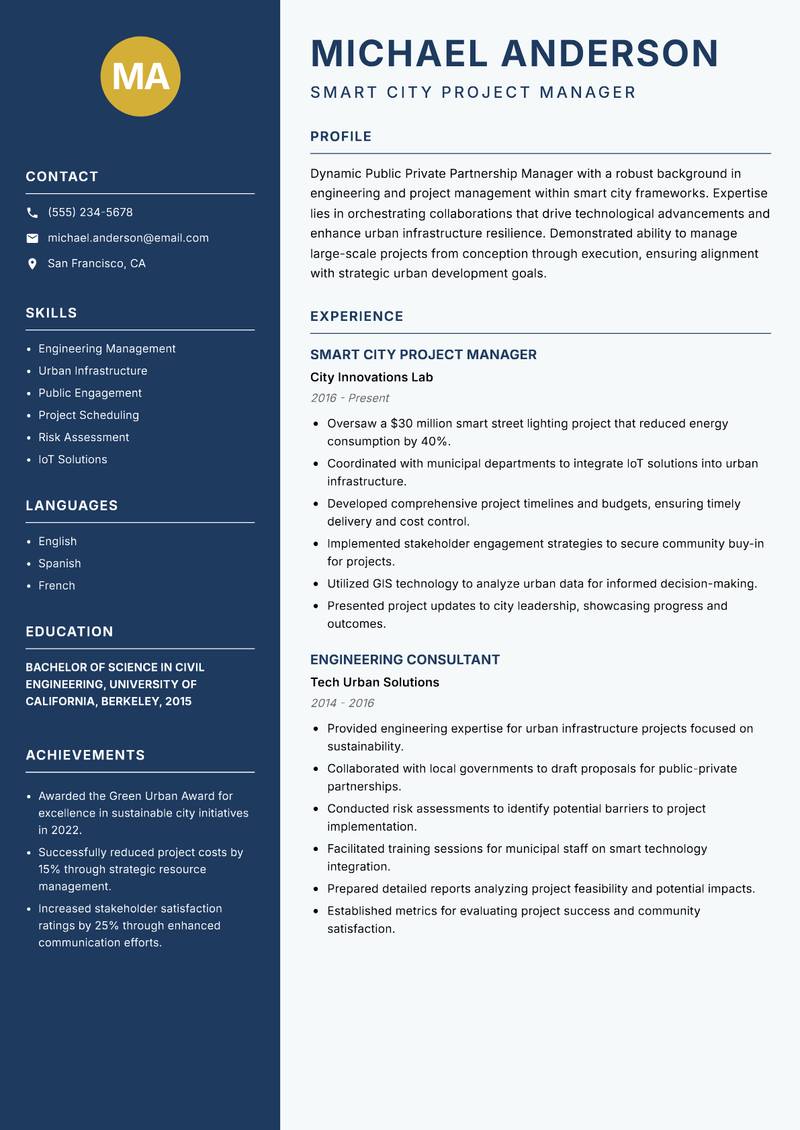 Public Private Partnership Manager Smart Cities Resume Preview Example