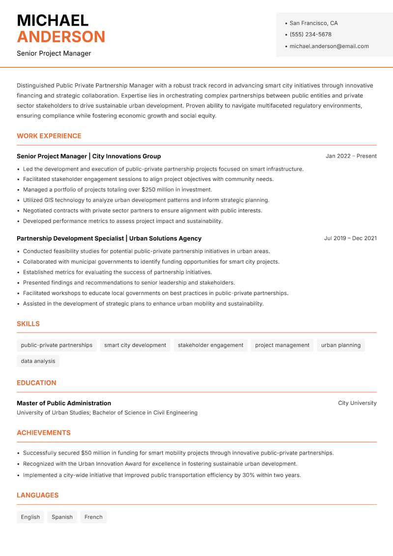 Public Private Partnership Manager Smart Cities Resume Template