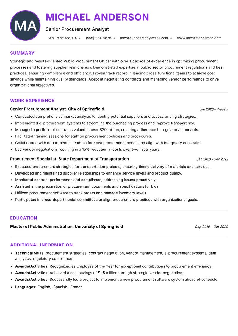Public Procurement Officer Resume Preview Example