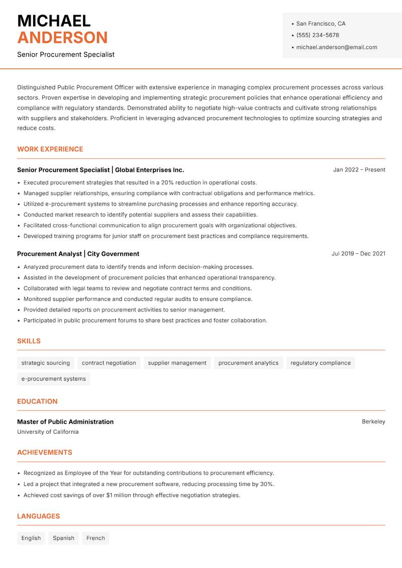 Public Procurement Officer Resume Template