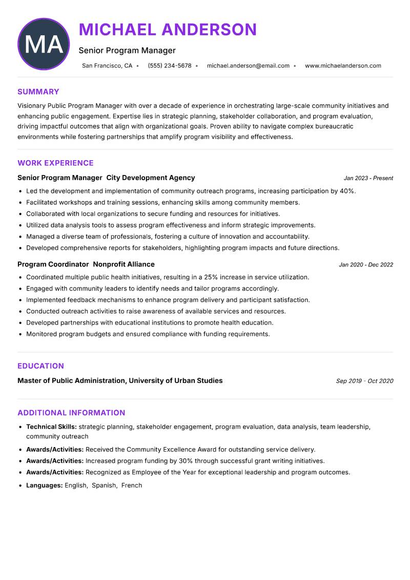 Public Program Manager Resume Preview Example