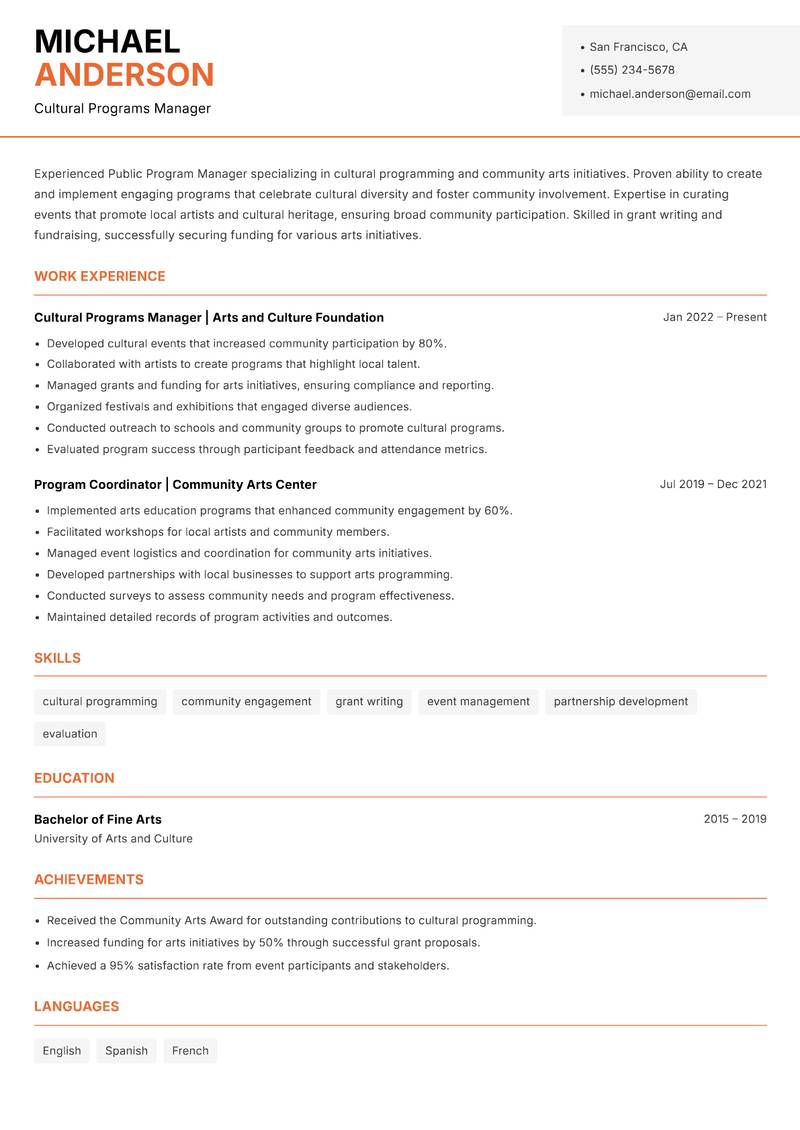 Public Program Manager Resume Template