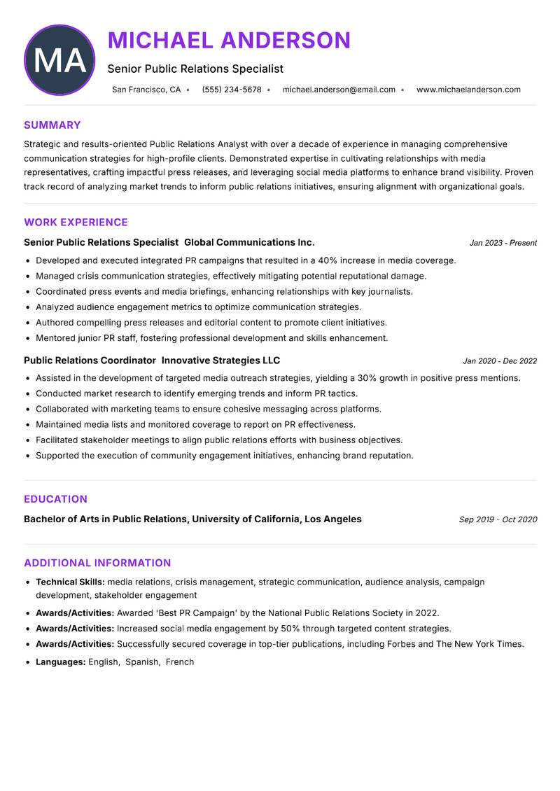 Public Relations Analyst Resume Preview Example