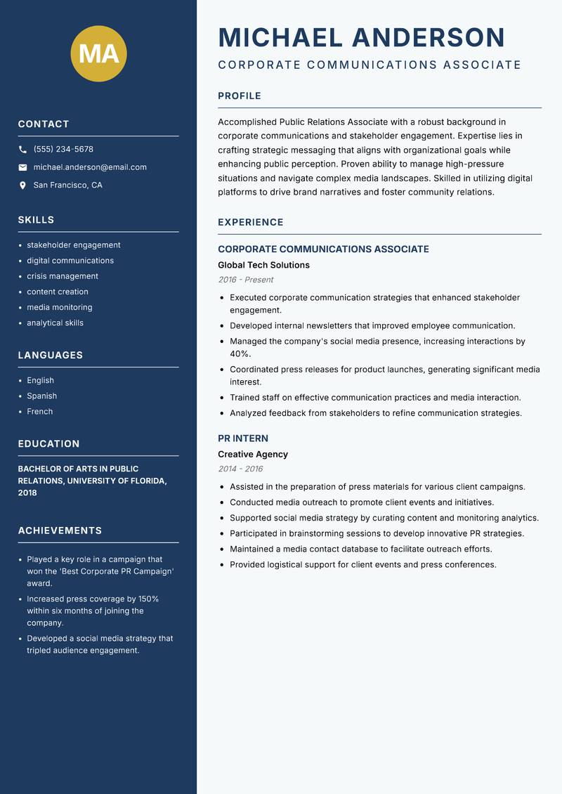 Public Relations Associate Resume Preview Example