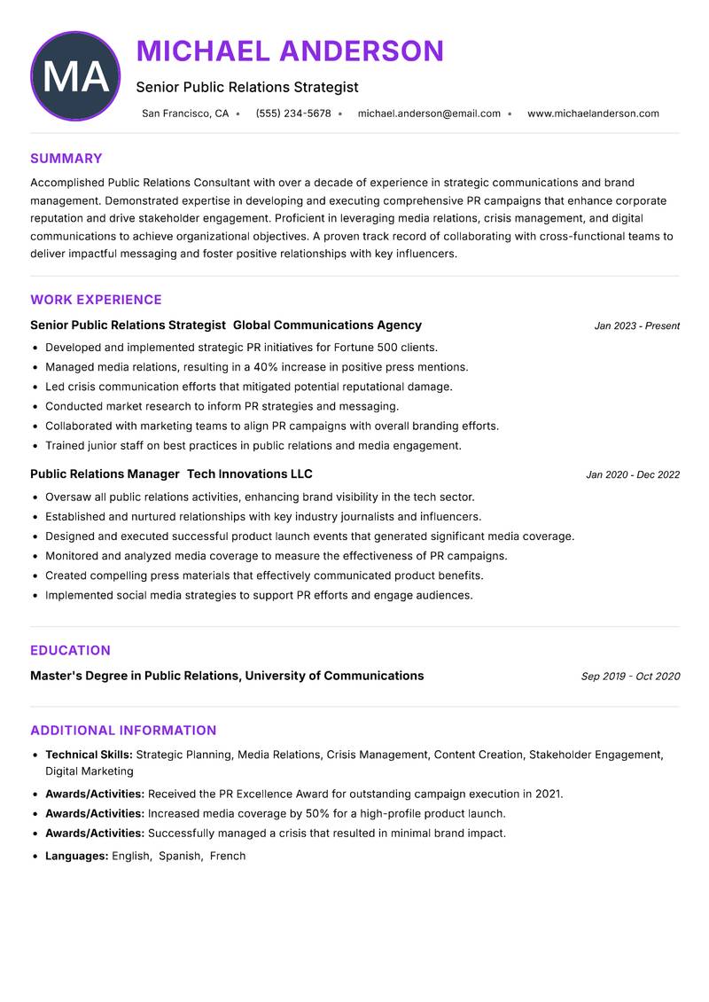 Public Relations Consultant Resume Preview Example