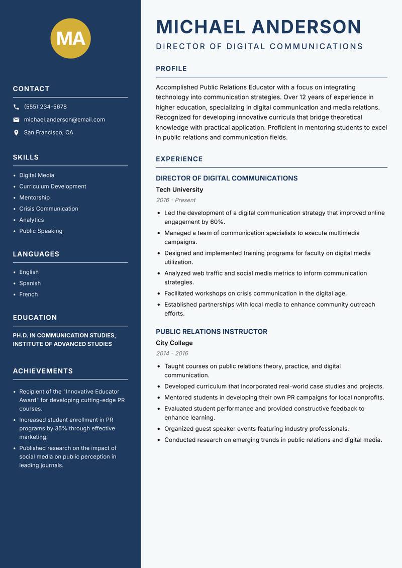 Public Relations Educator Resume Preview Example