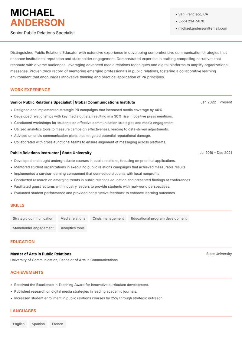 Public Relations Educator Resume Template