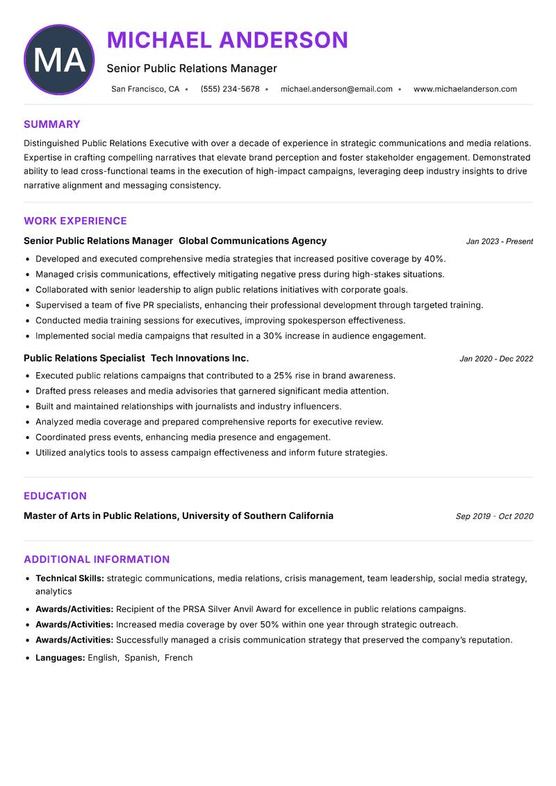 Public Relations Executive Resume Preview Example