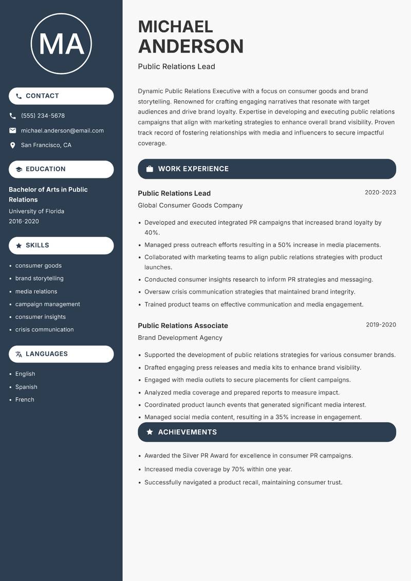 Public Relations Executive Resume Preview Example