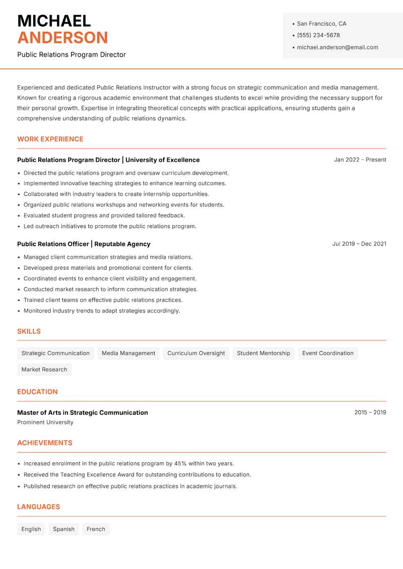 Public Relations Instructor Resume Template