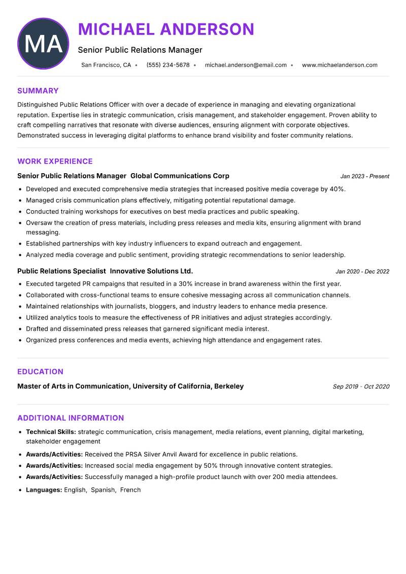 Public Relations Officer Resume Preview Example