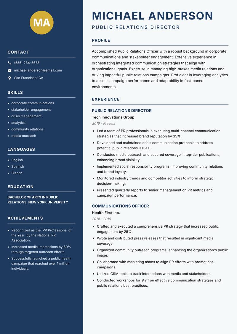 Public Relations Officer Resume Preview Example