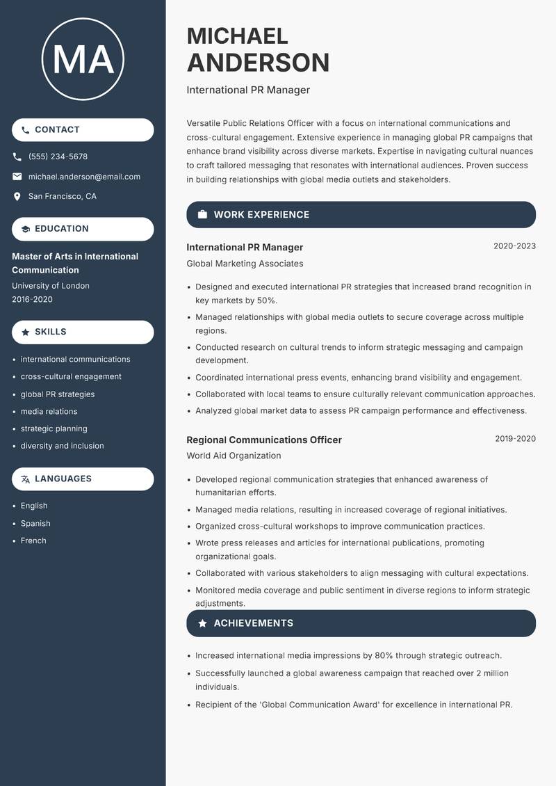 Public Relations Officer Resume Preview Example