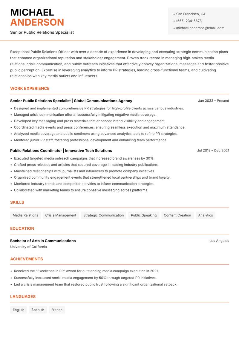Public Relations Officer Resume Template