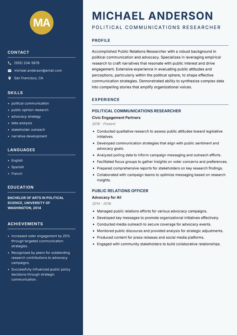 Public Relations Researcher Resume Preview Example