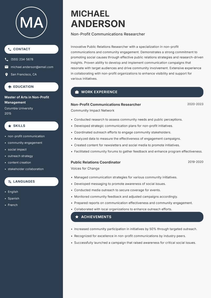 Public Relations Researcher Resume Preview Example