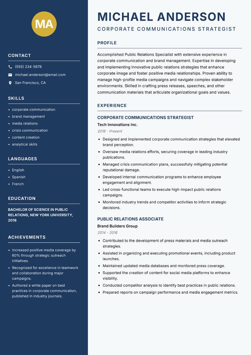 Public Relations Specialist Resume Preview Example
