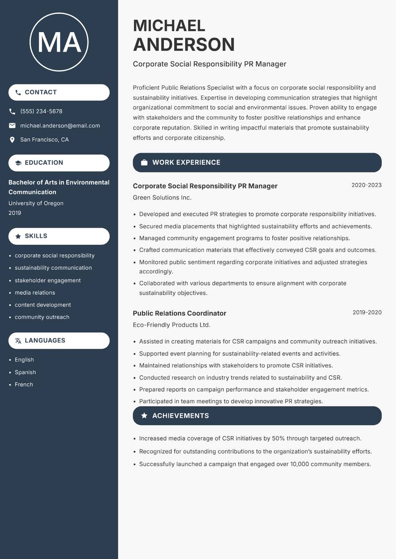 Public Relations Specialist Resume Preview Example