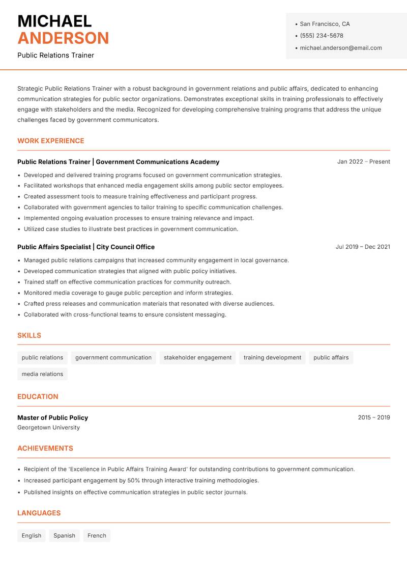 Public Relations Trainer Resume Template
