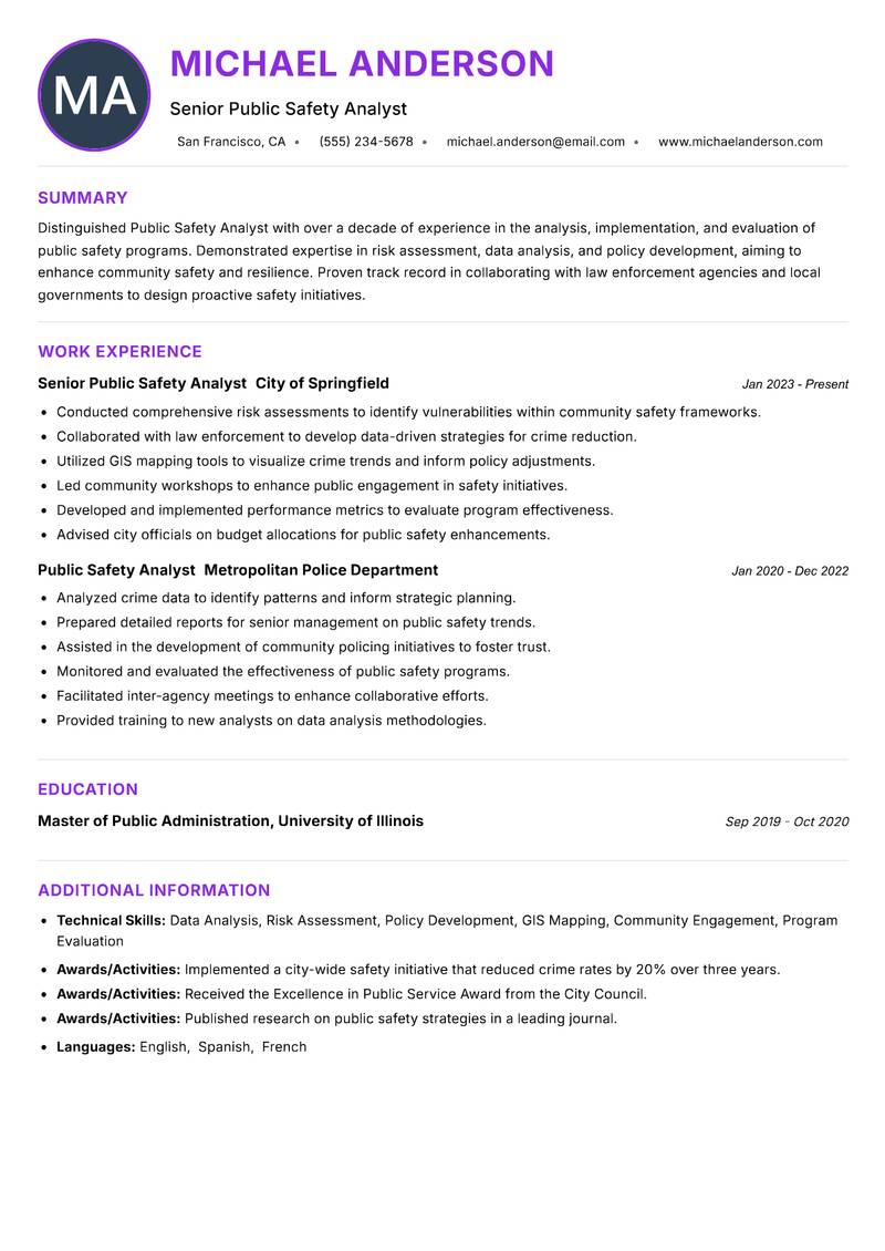 Public Safety Analyst Resume Preview Example
