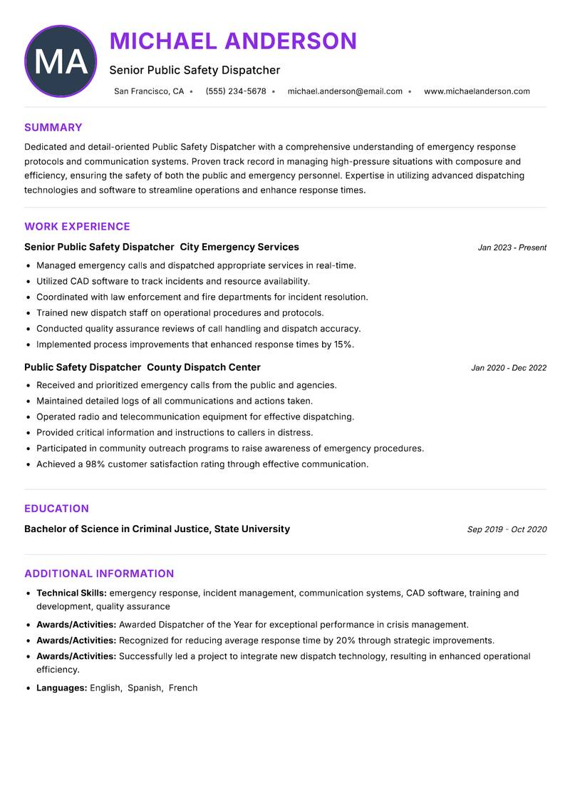 Public Safety Dispatcher Resume Preview Example