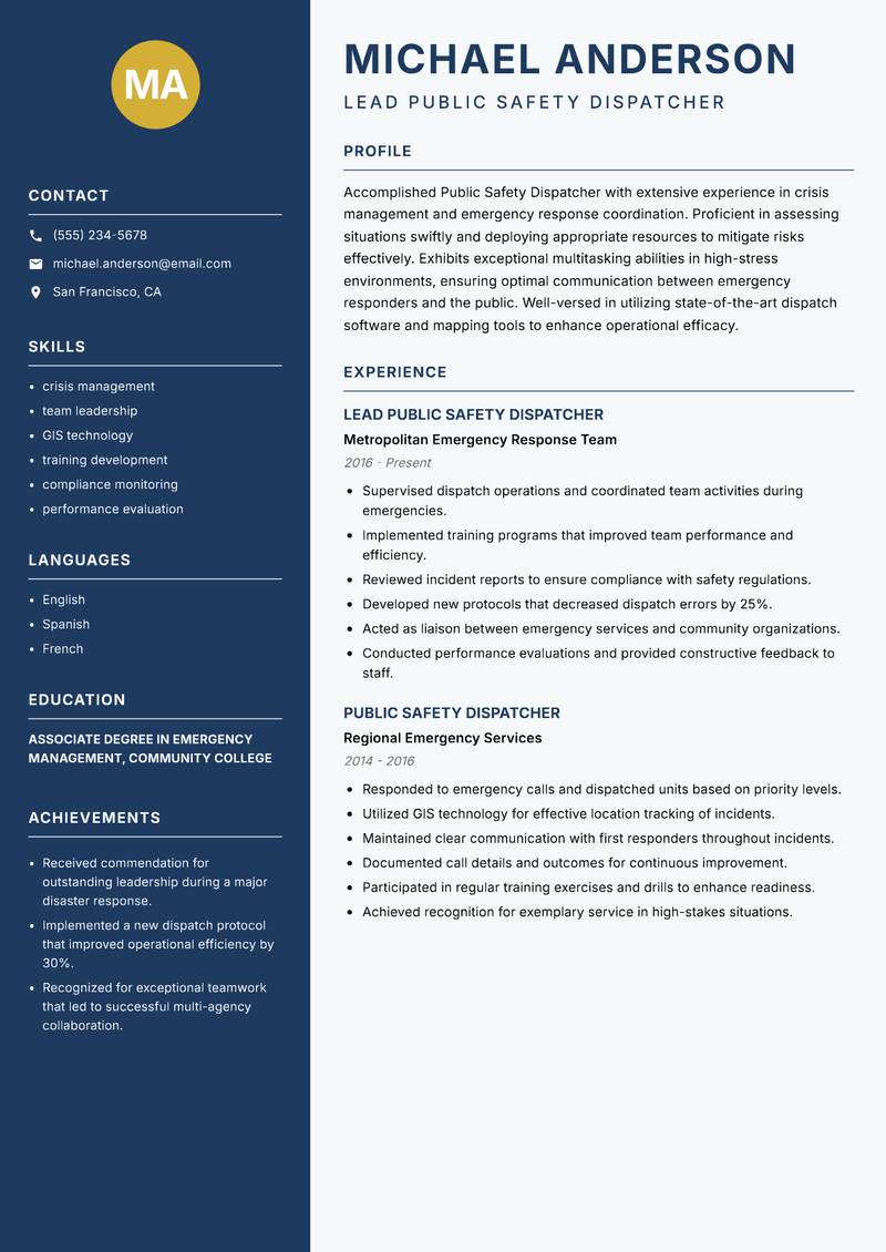 Public Safety Dispatcher Resume Preview Example