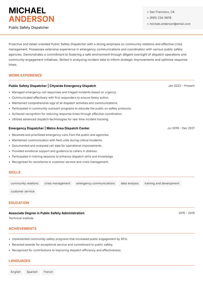Public Safety Dispatcher Resume Template