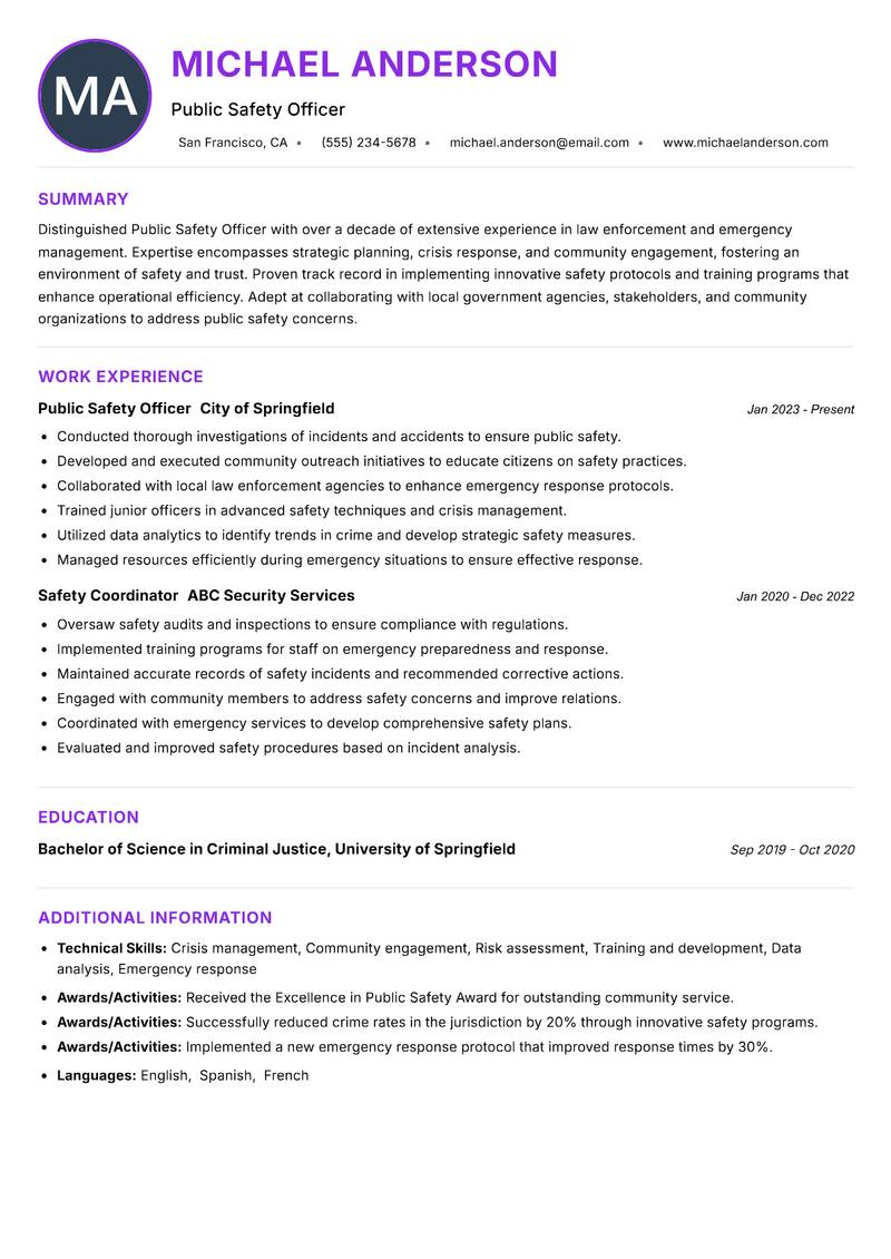 Public Safety Officer Resume Preview Example