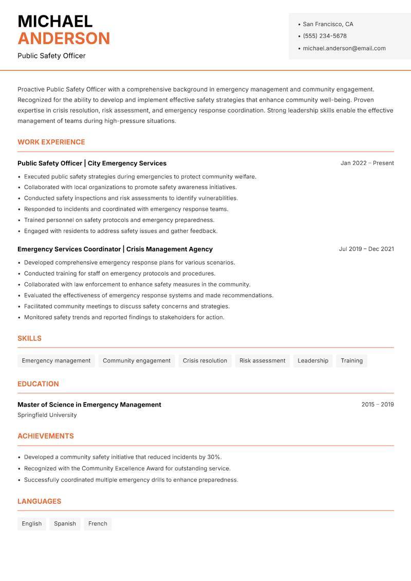 Public Safety Officer Resume Template