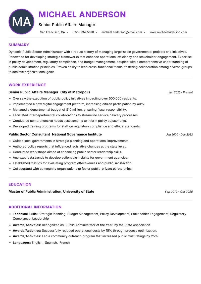 Public Sector Administrator Resume Preview Example