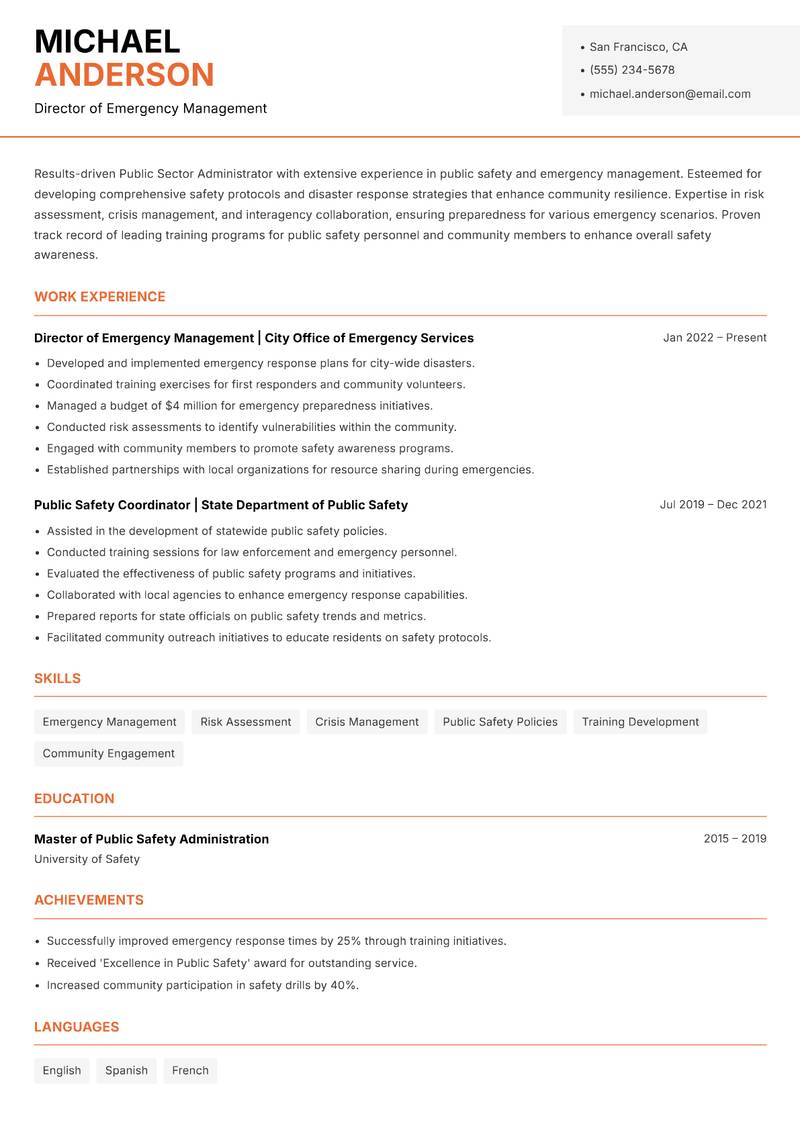 Public Sector Administrator Resume Template