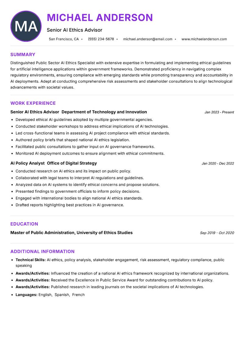 Public Sector AI Ethics Specialist Resume Preview Example