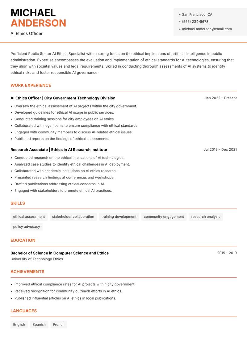 Public Sector AI Ethics Specialist Resume Template