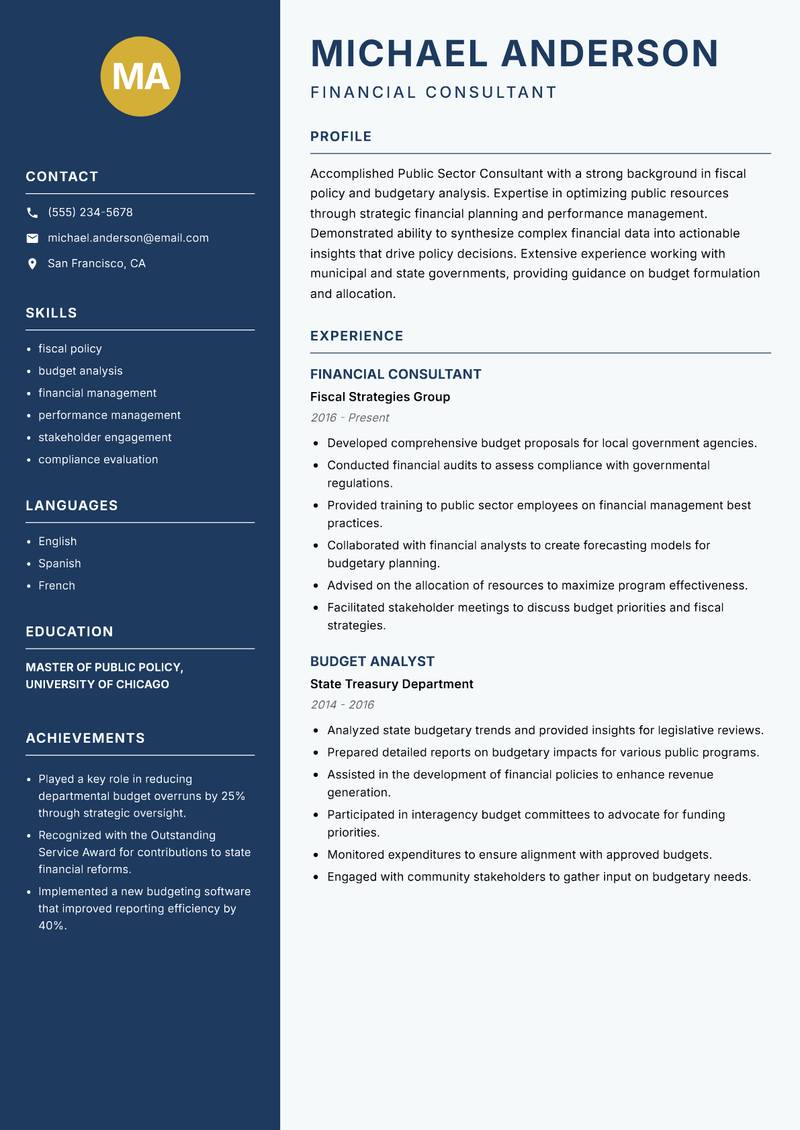 Public Sector Consultant Resume Preview Example