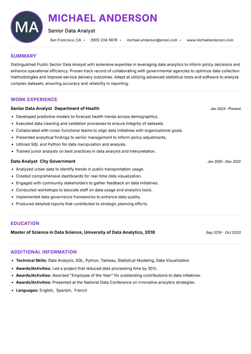 Public Sector Data Analyst Resume Preview Example
